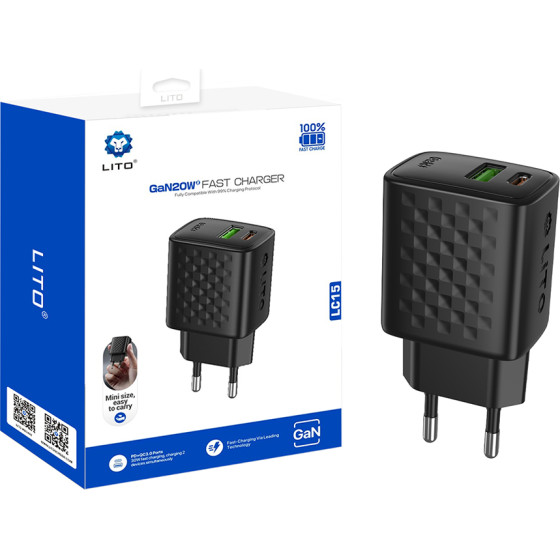 Lito - Wall Charger - Type-C, Usb Output, PD20W, GaN, Pc Fireproof, Eu Plug - Black - (LC15)
