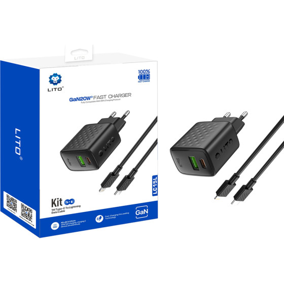 Lito - Wall Charger - With Lightning Cable Included, Type-C, Usb Output, PD20W, GaN, Pc Fireproof, Eu Plug - Black - (LC15L)