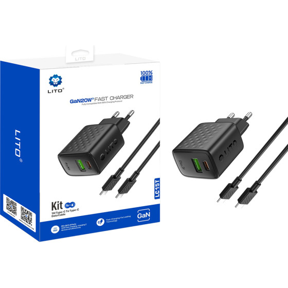 Lito - Wall Charger - With Type-C Cable Included, Type-C, Usb Output, PD20W, GaN, Pc Fireproof, Eu Plug - Black - (LC15T)