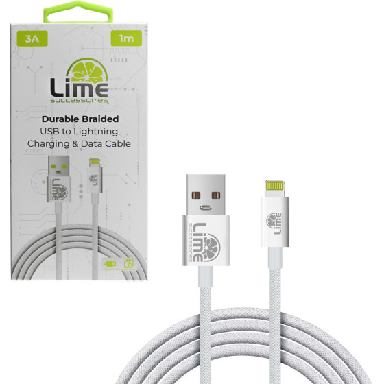 Lime Successories Lime Lightning To Usb 3A ��������-Data Durable Braided 1m LBUL01 WHITE