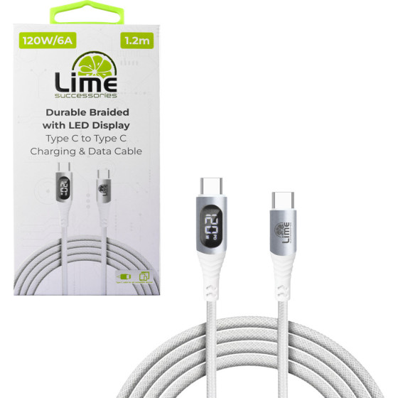 Lime Successories Lime USB-C Type C To USB-C Type C 6A ��������-Data Durable Braided With Led Display 1.2m LBLCC01 120W WHITE