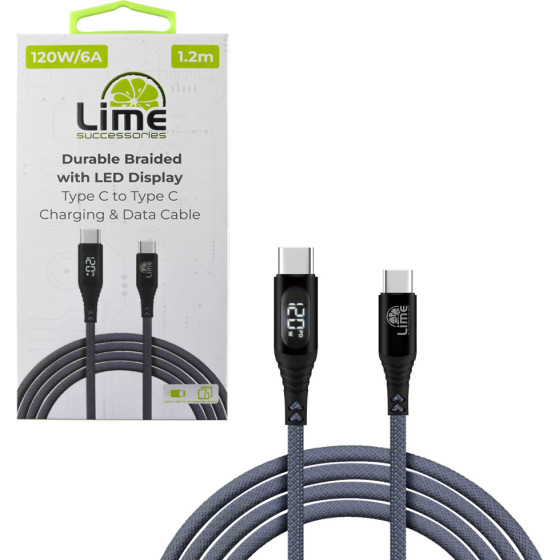 Lime Successories Lime USB-C Type C To USB-C Type C 6A ��������-Data Durable Braided With Led Display 1.2m LBLCC02 120W GREY