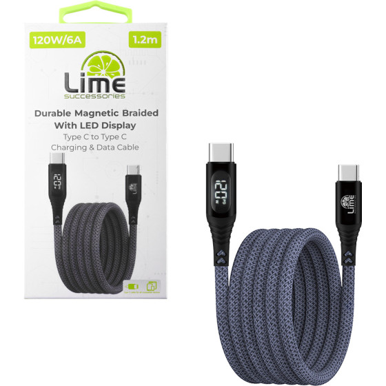 Lime Successories Lime USB-C Type C To USB-C Type C 6A ��������-Data Durable Magnetic Braided With Led Display 1.2m LBMLCC01 120W GREY