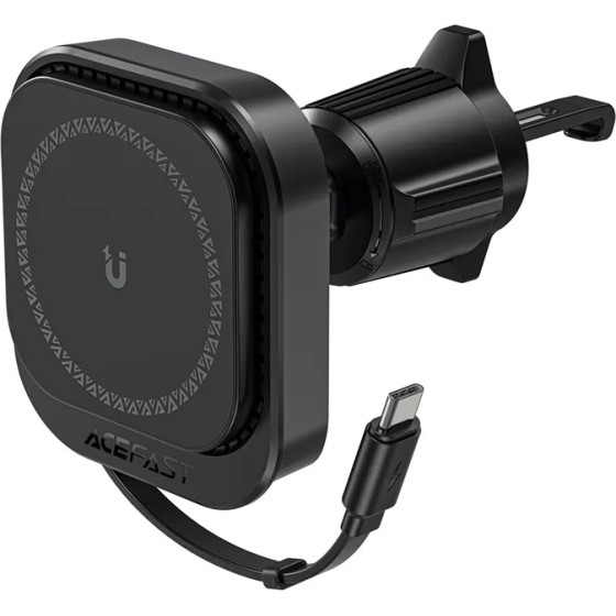 Acefast - Car Holder With Wireless Charging - For iPhone, MagSafe, Retractable Cable, For Air Vent, USB-C, 85cm - Black - (D32)