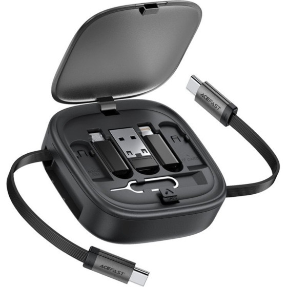 Acefast - Data Cable - Travel Set With Retractable Cable 2x USB-C, USB, Lightning, Micro-USB, TF, 60W, 3A, 0.95m - Black - (J3)