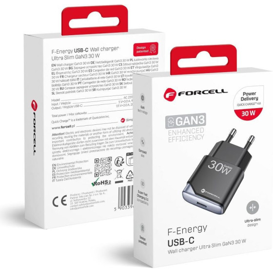 FORCELL F-Energy Gan Iii B130101-E Ultra Slim Travel Charger 1 x Type C + Usb A Pd QC4.0 3A 30W black