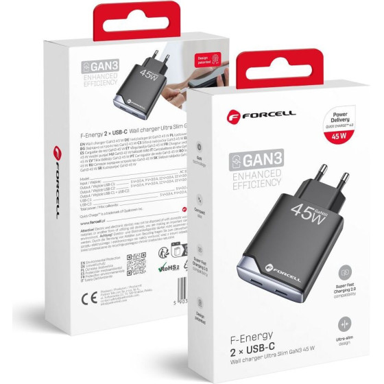 FORCELL F-Energy Gan Iii B245201(2C) Ultra Slim Travel Charger 2 x Type C + Usb A Pd QC4.0 3A 45W black