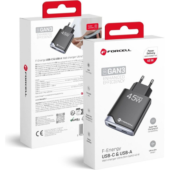 FORCELL F-Energy Gan Iii B245202(1A1C) Ultra Slim Travel Charger 1 x Typ C + 1 x Usb A Pd QC4.0 3A 45W black
