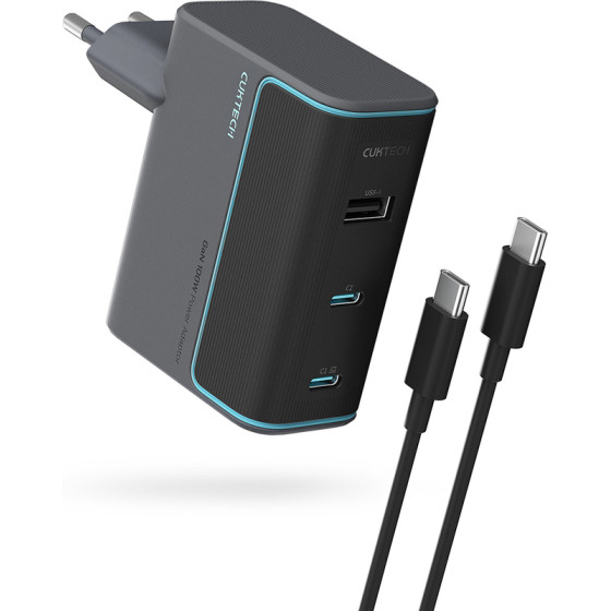 Cuktech GaN 100W Wall Charger 2 x USB-C 1 x USB-A with USB-C Cable - Gray - (CUKAD1003EUG)