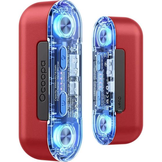 Ocoopa - Hand Warmer UT2s GamerPro - with Power Bank, Magnetic Design, 7 LED Lights, Type-C, 18W, 2x5000mAh - Red - (UT4103-RD)