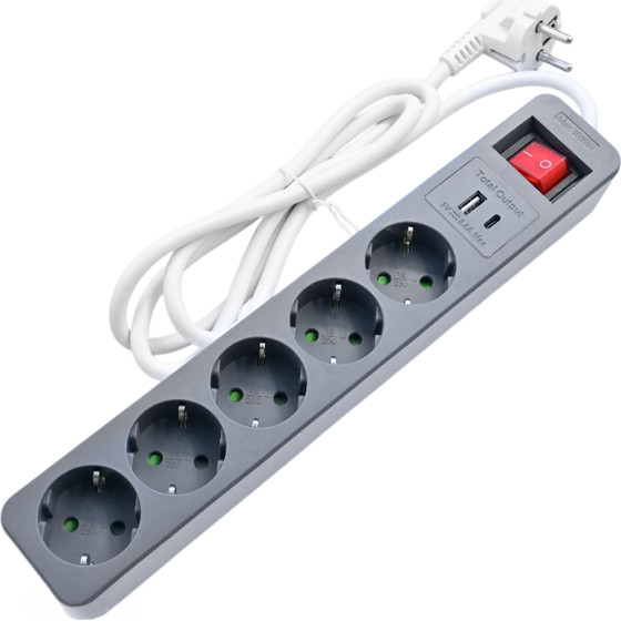 LAMTECH 5WAY SURGE PROTECTOR WITH 1xTYPE-C 1xUSB 5xSCHUKO BLACK/WHITE 1.5M OEM - (LAM980329)