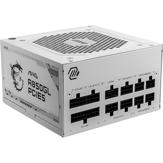MSI Psu Mag A850GL PCIE5 WHITE/ 850W/ ATX3.1/ act. PFC/ 7 Let warranty/ 120mm fan/ modular/ 80PLus Gold - (306-7ZP8A24-CE0)