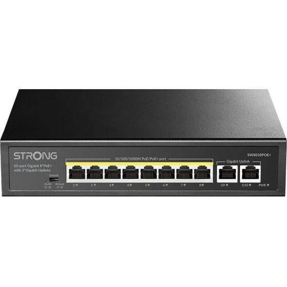 Strong Switch SW8010POE+/ 8x Port Gigabit POE+/ 2x Ggabit Uplink port/ IEEE802.3af/at/ Kovove sasi/ Cerny - (SW8010POE+)