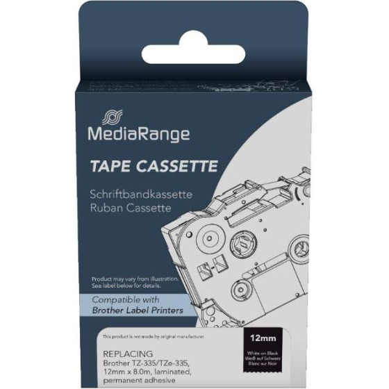 �������� ������� ������ MediaRange ( Brother TZ-335/TZe-335, 12mm, 8m, Laminated And Permanent Adhesive, White On Black) - (MRBTZ335)