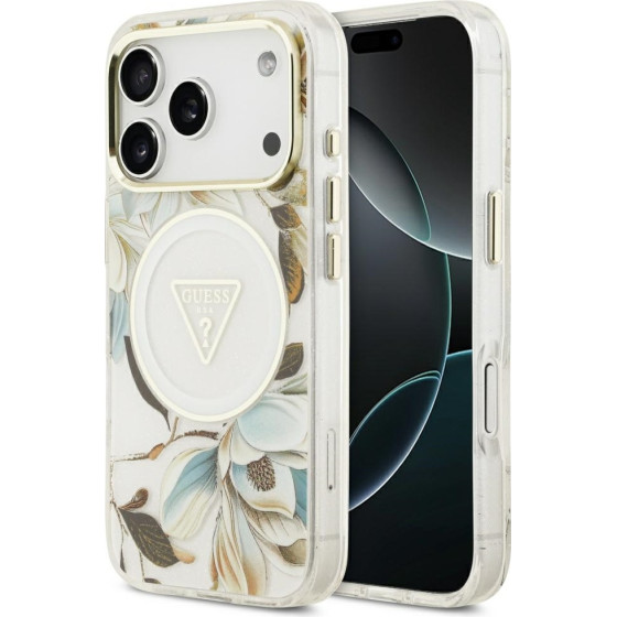 Guess Iml Glitter Flowers Triangle Magsafe Case For Iphone 17 Pro White - (GUHMP17LHFLPEDH)
