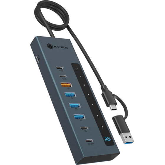 Icy Box 9-IN-1 Led Display Hub With 2xTYPE-C PD100W 1xTYPE-C PD20W, 4xUSB3.2 & TYPE-C/Usb Host Connection Grey - (IB-HUB1743-CPD)