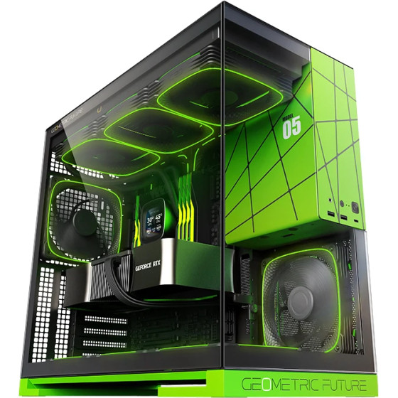 Geometric Future Case EATX - Model 5 Black/Green, NVIDIA style limited edition - 5 x 140 mm aRGB fans included - (GEO-M5F-BNV)