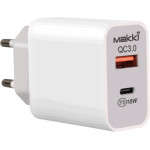 Makki Fast Charger Wall - QC3.0 + Power Distribution Type-C 18W White - -PQ18W-WH - (MAKKI-PQ18W-WH)