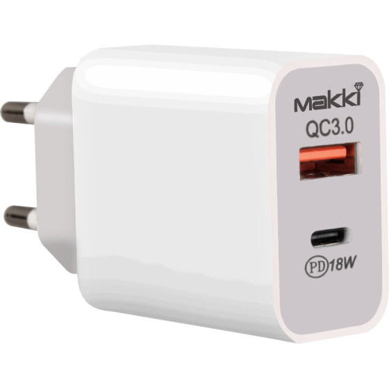 Makki Fast Charger Wall - QC3.0 + Power Distribution Type-C 18W White - -PQ18W-WH - (MAKKI-PQ18W-WH)
