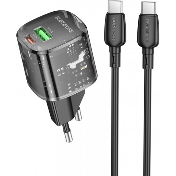 Borofone Wall Charger BN17 Sunlight, 20W, 3A, 1 x USB-A - 1 x USB-C, With USB-C Cable, Black