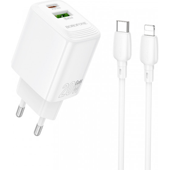 Borofone Wall Charger BN27 Fuente, 20W, 3A, 1 x USB-A - 1 x USB-C, With Lightning Cable, White