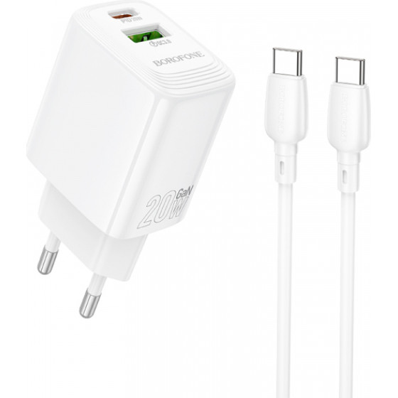 Borofone Wall Charger BN27 Fuente, 20W, 3A, 1 x USB-A - 1 x USB-C, With USB-C Cable, White