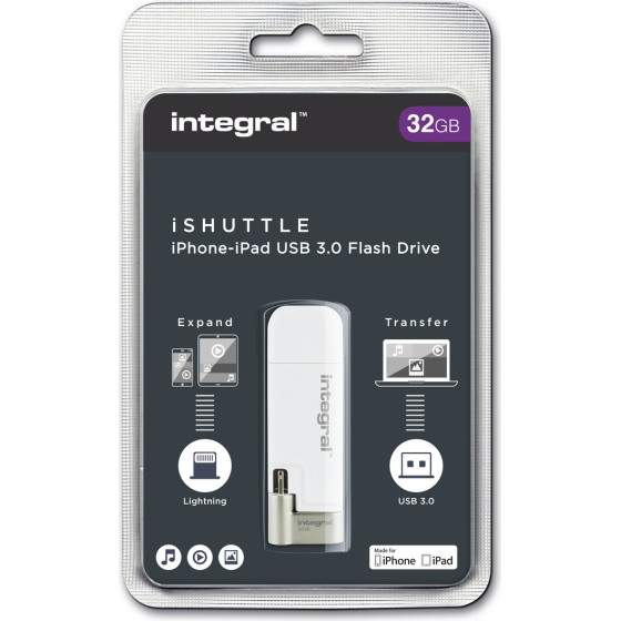 Integral iShuttle - a compact and convenient USB 3.0 Flash Drive with added Lightning connector - (INFD32GBISHUTTLE)
