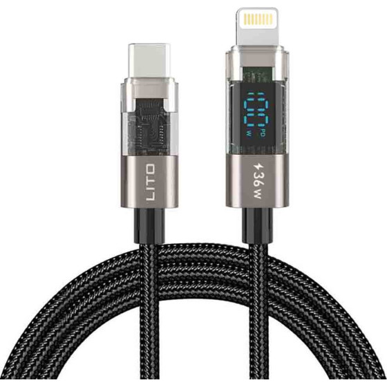Lito - Data Cable - Lightning To Type-C, 36W High Speed Charging, Led Display, 1.2m - Black - (LD09CL)