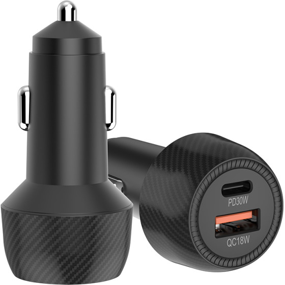 Techsuit - Car Charger Carbonvolt (C7) - Fast Charge 48W, USB, Type-C, QC3.0 18W, PD30W - Black