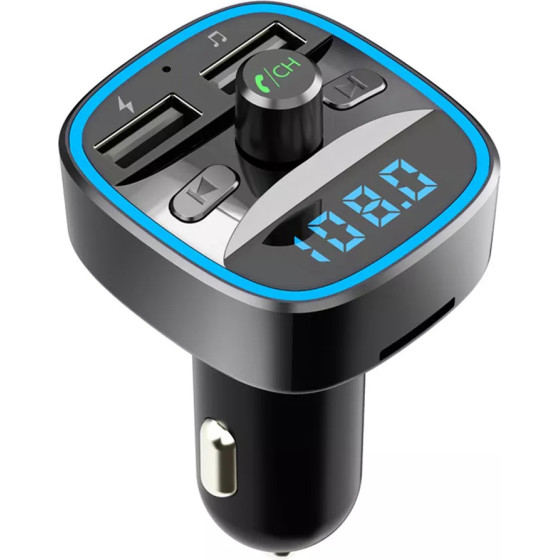 Techsuit - Fm Modulator Jamlink (MFM2) - Dual USB, Sd Card, Blue Ambient Ring Light, Ultra-Compact Design, Bluetooth - Black