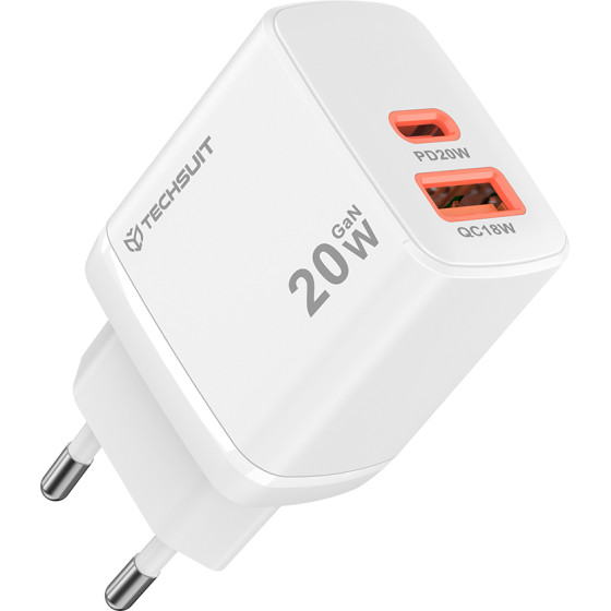 Techsuit - Wall Charger Duonix20W (CH2) - Type-C, USB, Dual Travel Charger 20W - White
