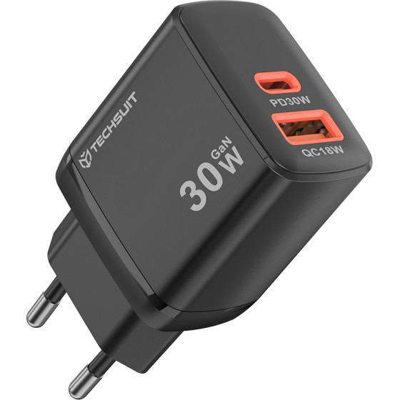 Techsuit - Wall Charger Duonix30W (CH1) - Type-C, USB, Dual Travel Charger 30W - Black