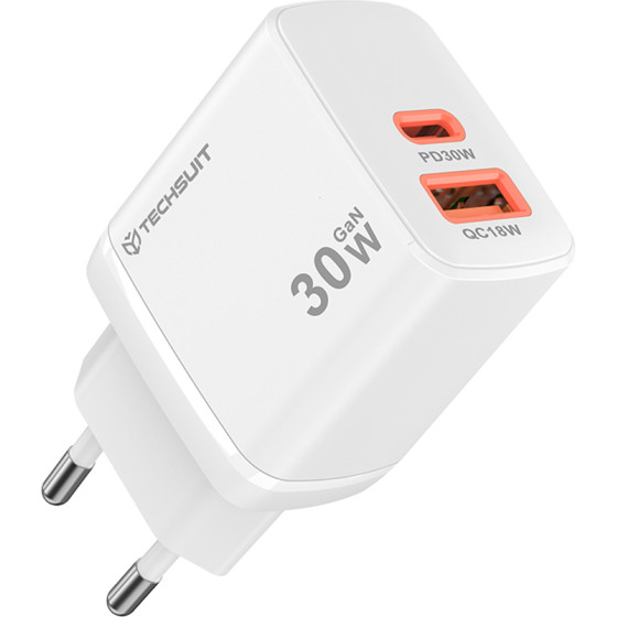 Techsuit - Wall Charger Duonix30W (CH1) - Type-C, USB, Dual Travel Charger 30W - White