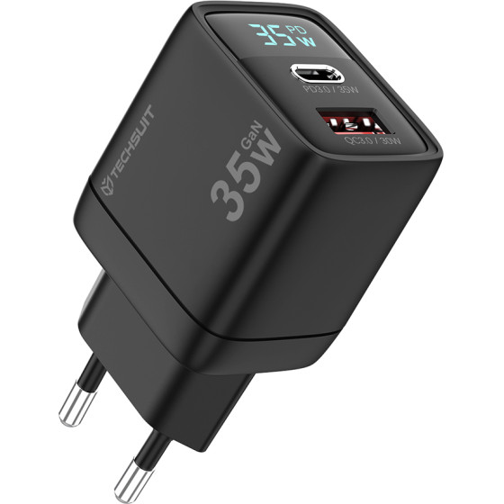 Techsuit - Wall Charger Ledchargx (CH3) - Type-C, USB, Gan Technology, Fast Charge, Led Display, PD35W - Black