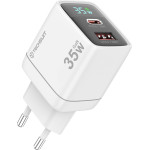 Techsuit - Wall Charger Ledchargx (CH3) - Type-C, USB, Gan Technology, Fast Charge, Led Display, PD35W - White