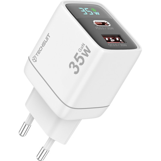 Techsuit - Wall Charger Ledchargx (CH3) - Type-C, USB, Gan Technology, Fast Charge, Led Display, PD35W - White
