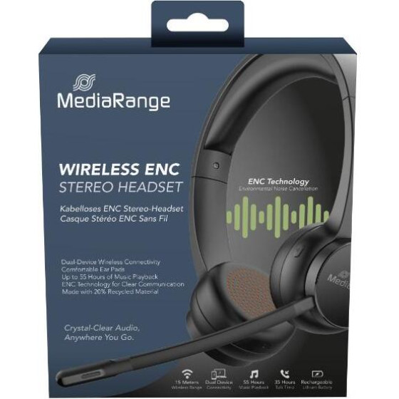 MediaRange Wireless Stereo Headset With Microphone & ENC, 400mAh battery, Black - (MROS307)