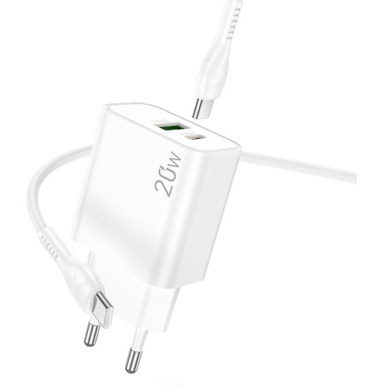 Lamtech Dual Port QC3.0/PD20W Charger With TYPE-C To TYPE-C Cable 60W 1M White - (LAM980718)