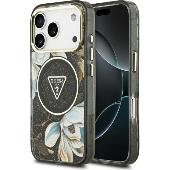 Guess Iml Glitter Flowers Triangle Magsafe Case For Iphone 17 Pro Max Black - (GUHMP17XHFLPEDK)