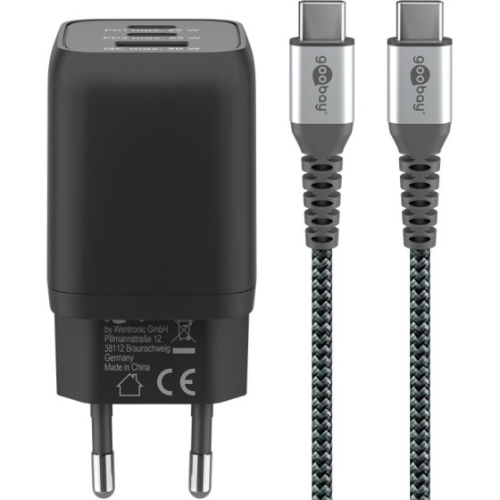 Goobay Set Of USB-C Fast Charger Nano (65 W) And USB-C Textile Cable (1 m) - (70180)