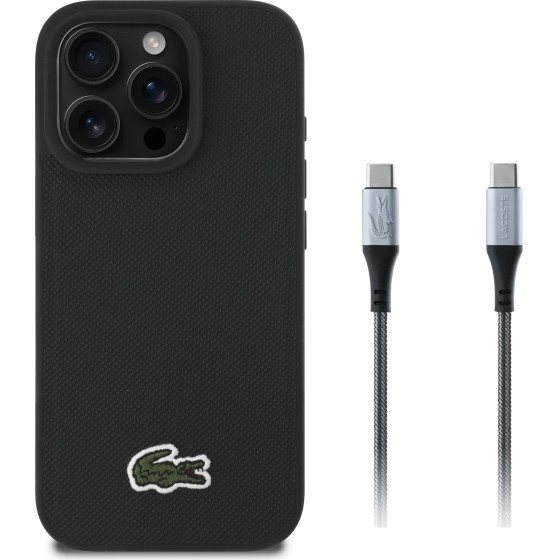 Lacoste Iconic Petit Pique Woven Logo MagSafe Case for iPhone 16 Pro Black + USB-C/USB-C Data Cable - (LCHMBCCP16LPVCK)