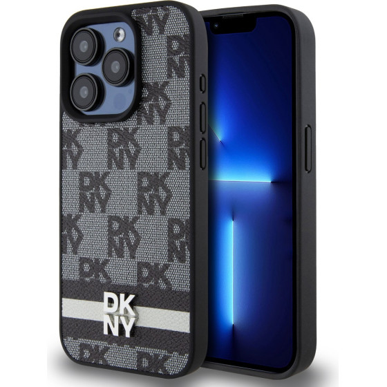 DKNY PU Leather Checkered Pattern and Stripe Case for iPhone 13 Pro Max Black - (DKHCP13XPCPTSSK)