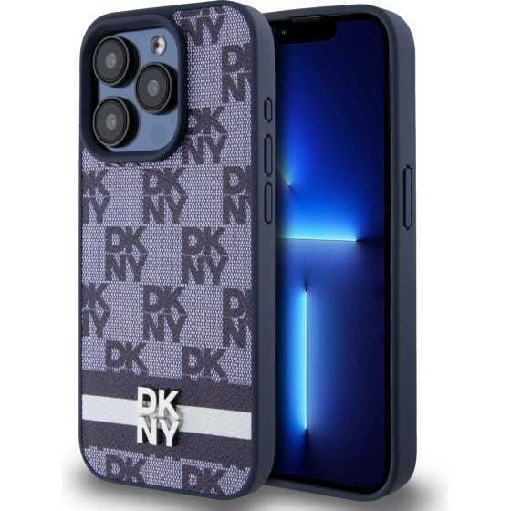 DKNY PU Leather Checkered Pattern and Stripe Case for iPhone 15 Pro Max Blue - (DKHCP15XPCPTSSB)