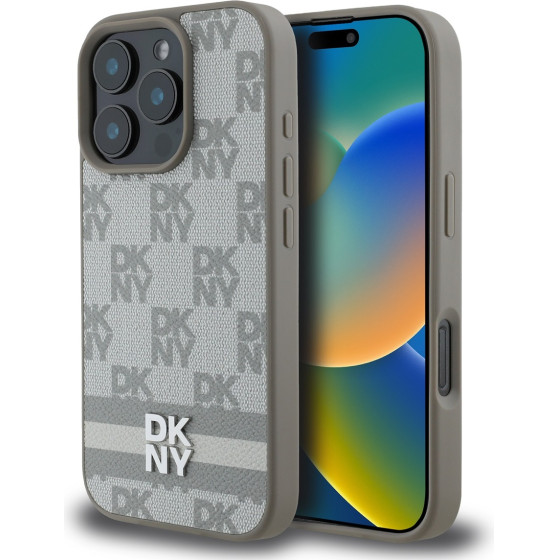 DKNY PU Leather Checkered Pattern and Stripe Case for iPhone 16 Pro Beige - (DKHCP16LPCPTSSE)