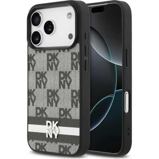 DKNY PU Leather Checkered Pattern and Stripe Case for iPhone 17 Pro Black - (DKHCP17LPCPTSSK)