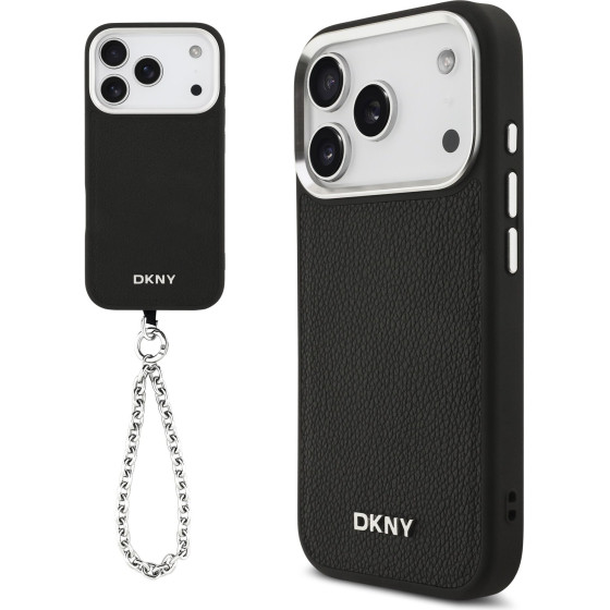 DKNY PU Leather Metal Logo Wrist Chain MagSafe Case for iPhone 17 Pro Black - (DKHMP17LPDHWSK)