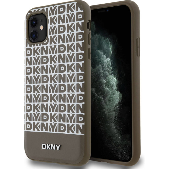 DKNY PU Leather Repeat Pattern Bottom Stripe MagSafe Case for iPhone 11 Brown - (DKHMN61PSOSPW)