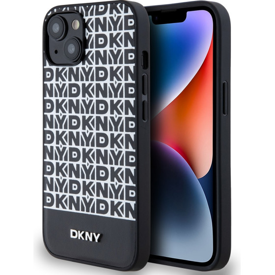 DKNY PU Leather Repeat Pattern Bottom Stripe MagSafe Case for iPhone 14 Black - (DKHMP14SPSOSPK)