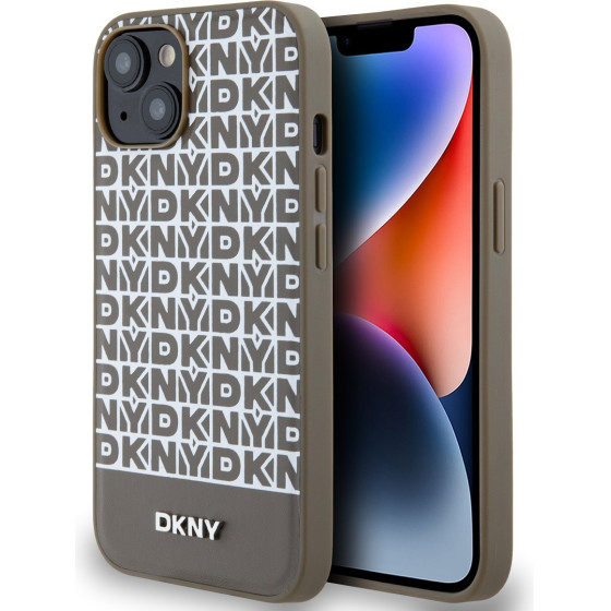 DKNY PU Leather Repeat Pattern Bottom Stripe MagSafe Case for iPhone 14 Brown - (DKHMP14SPSOSPW)