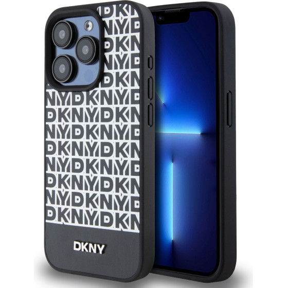 DKNY PU Leather Repeat Pattern Bottom Stripe MagSafe Case for iPhone 14 Pro Max Black - (DKHMP14XPSOSPK)